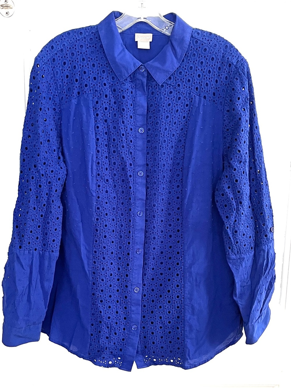 Chico’s Size 3 equals XL Blue Eyelet Dotted Swiss Button Front Shirt Cotton